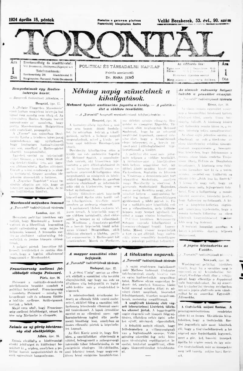 Torontál, 53. évf. 1924. április 18. 90. sz.