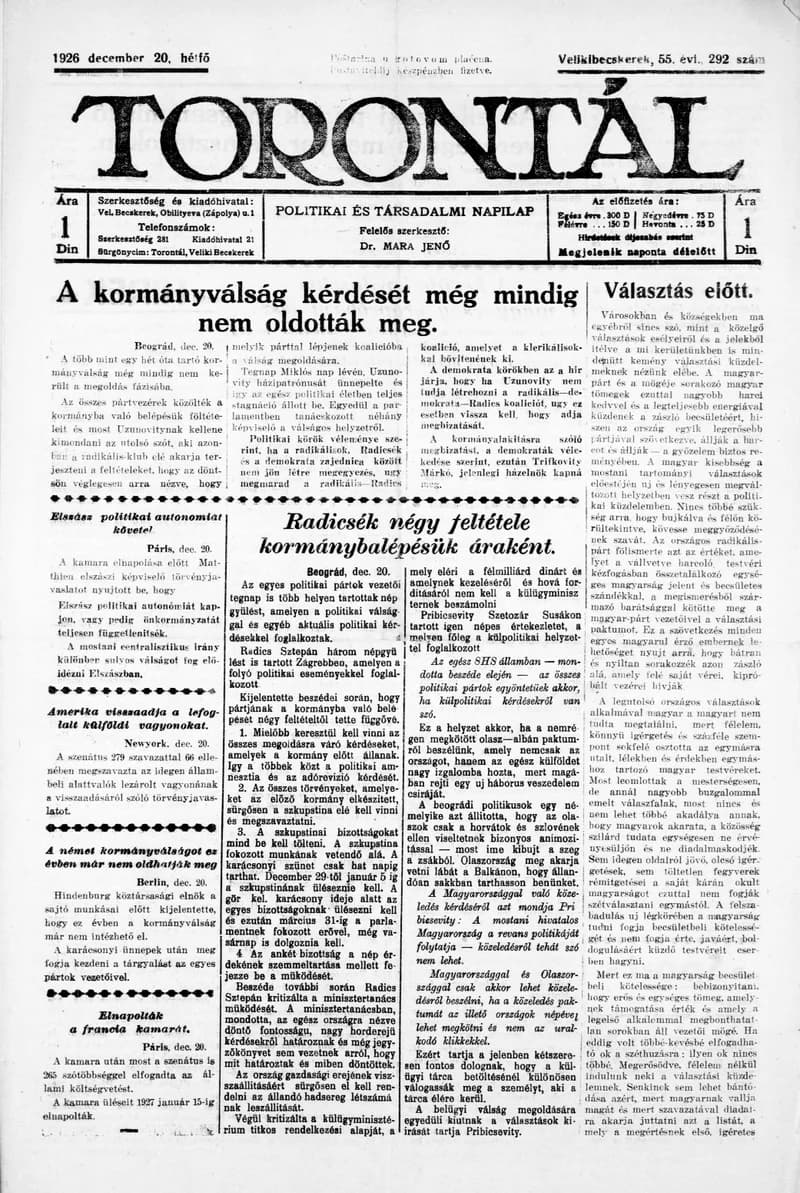 Torontál, 55. évf. 1926. december 20. 292. sz.