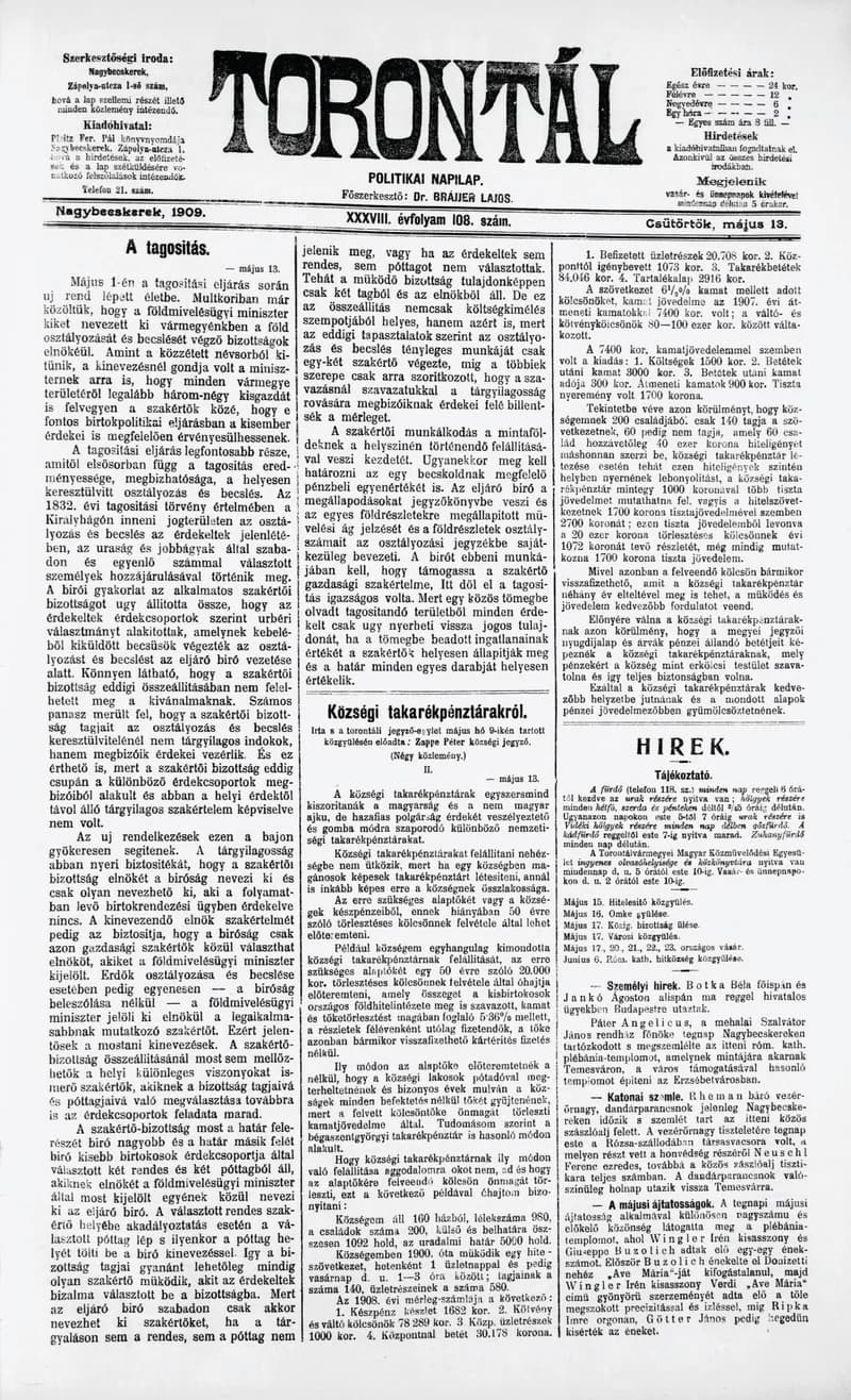 Torontál, 38. évf. 1909. május 13. 108. sz.