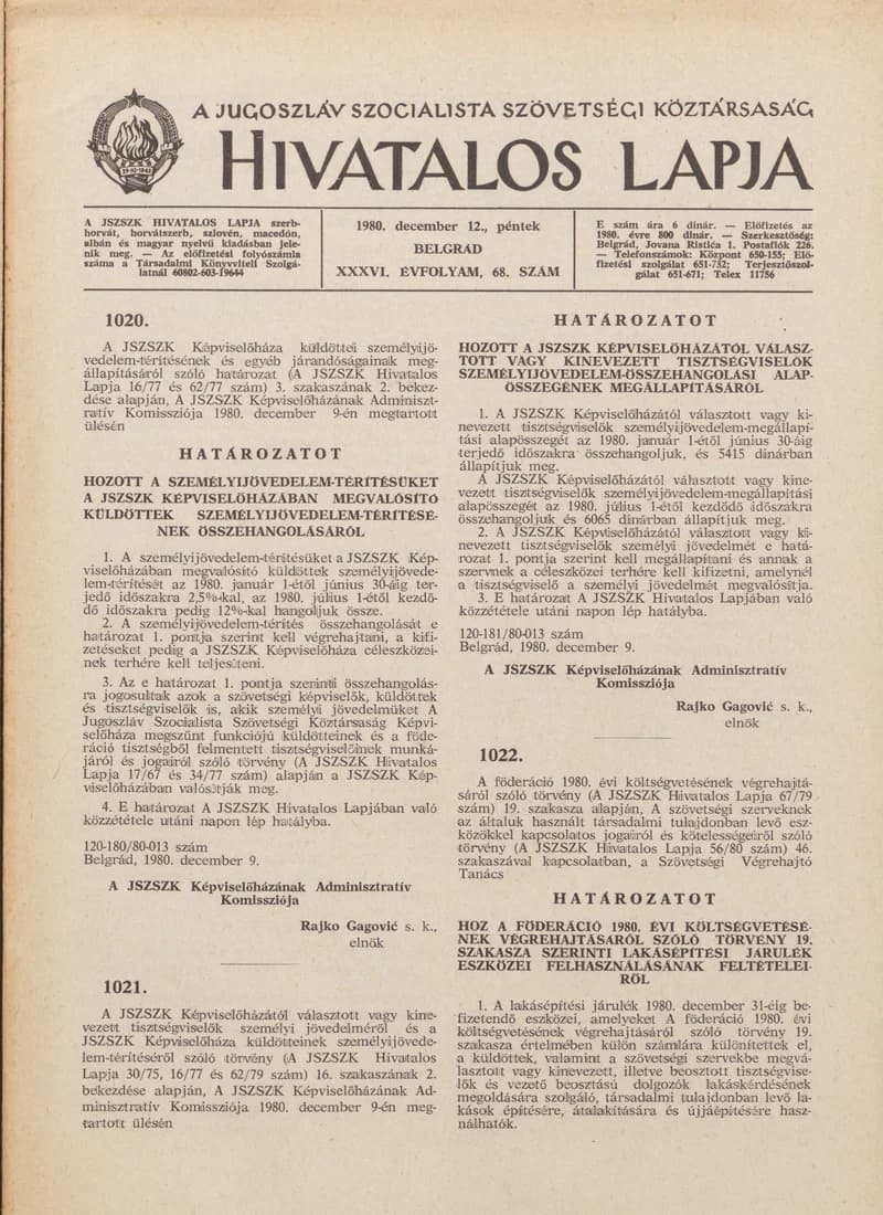 A Jugoszláv Szocialista Szövetségi Köztársaság Hivatalos Lapja, 36. évf. 1980. december 12. 68. sz. 1937–1952. oldal
