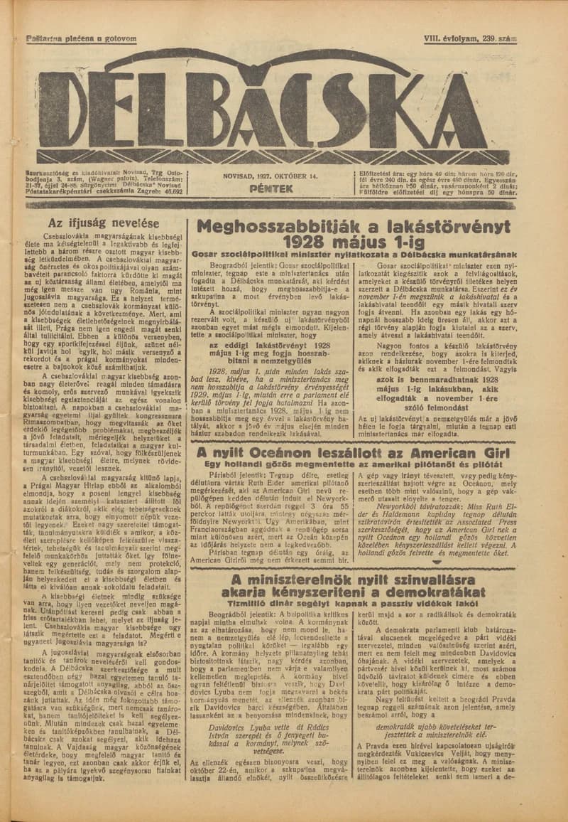 Délbácska, 8. évf. 1927. október 14. 239. sz.