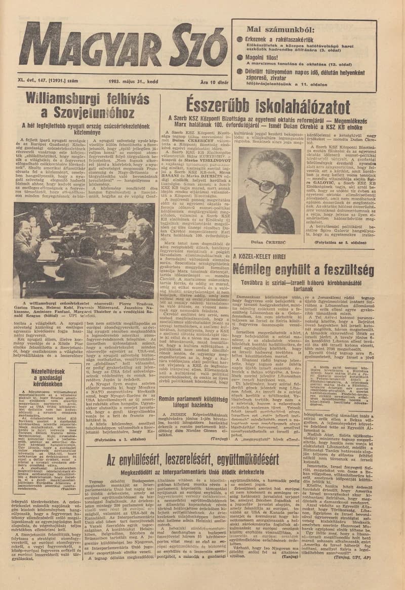 Magyar Szó, 40. évf. 1983. május 31. 147. sz. 1–20. oldal