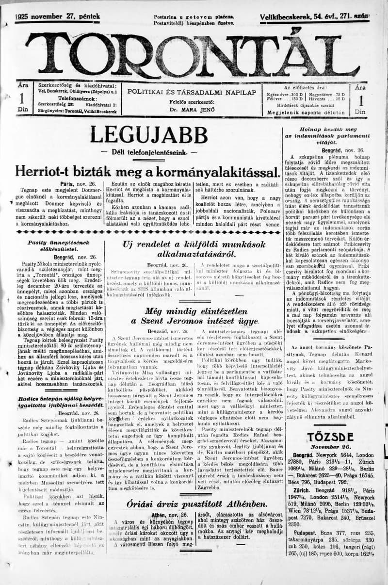 Torontál, 54. évf. 1925. november 27. 271. sz.