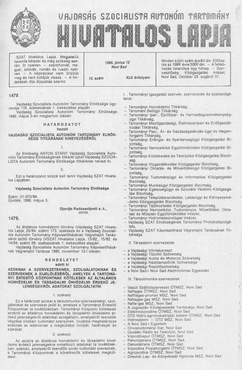 Vajdaság Szocialista Autonóm Tartomány Hivatalos Lapja, 42. évf. 1986. június 12. 15. sz.