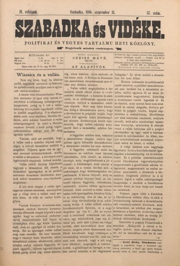 Szabadka és vidéke II, 4. évf. 1896. szeptember 13. 37. sz.