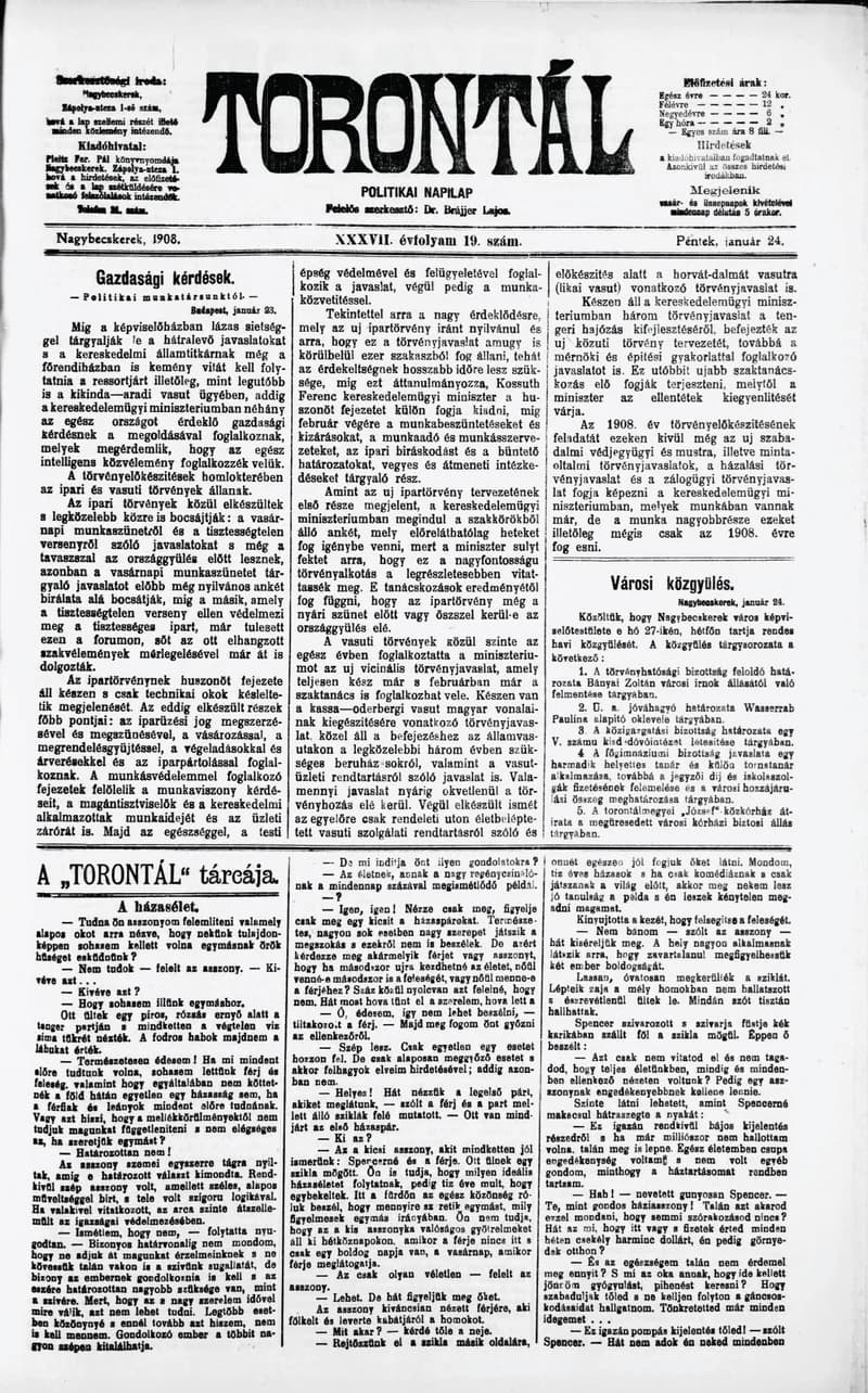 Torontál, 37. évf. 1908. január 24. 19. sz.