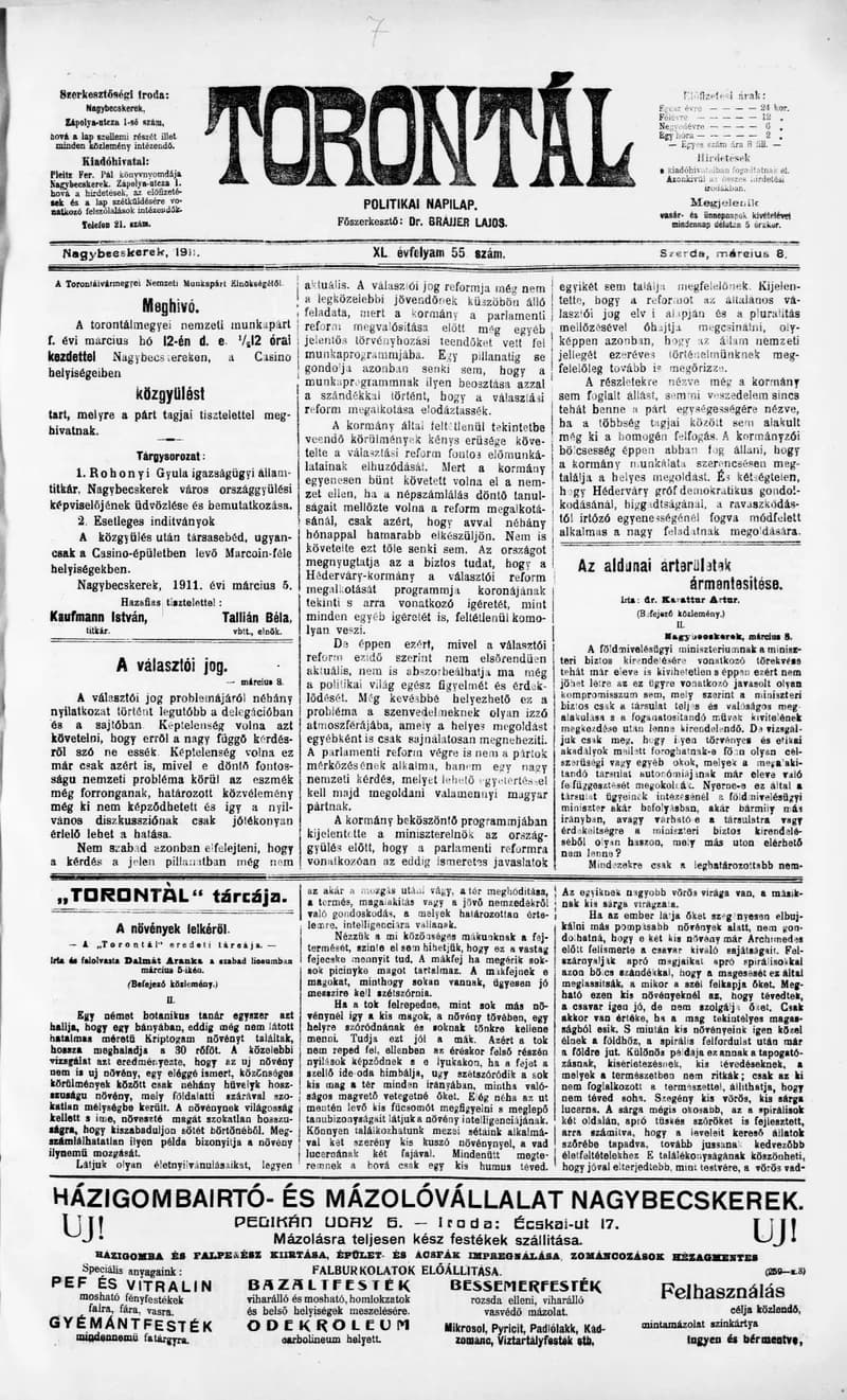 Torontál, 40. évf. 1911. március 8. 55. sz.