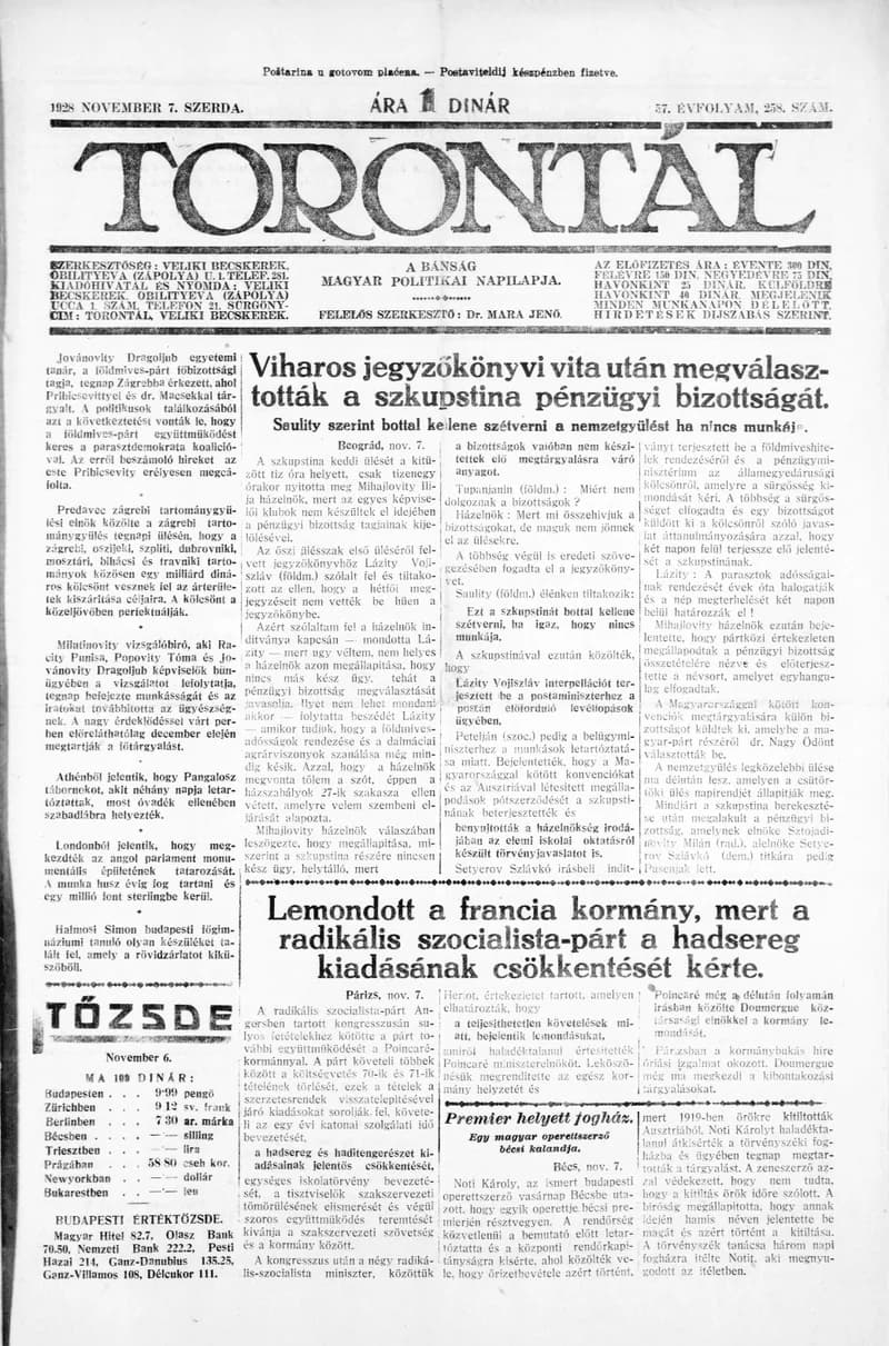 Torontál, 57. évf. 1928. november 7. 258. sz.
