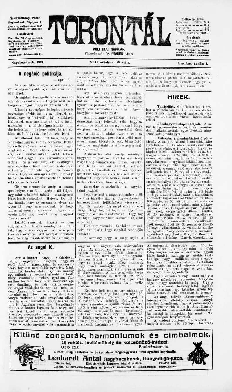 Torontál, 42. évf. 1913. április 5. 78. sz.
