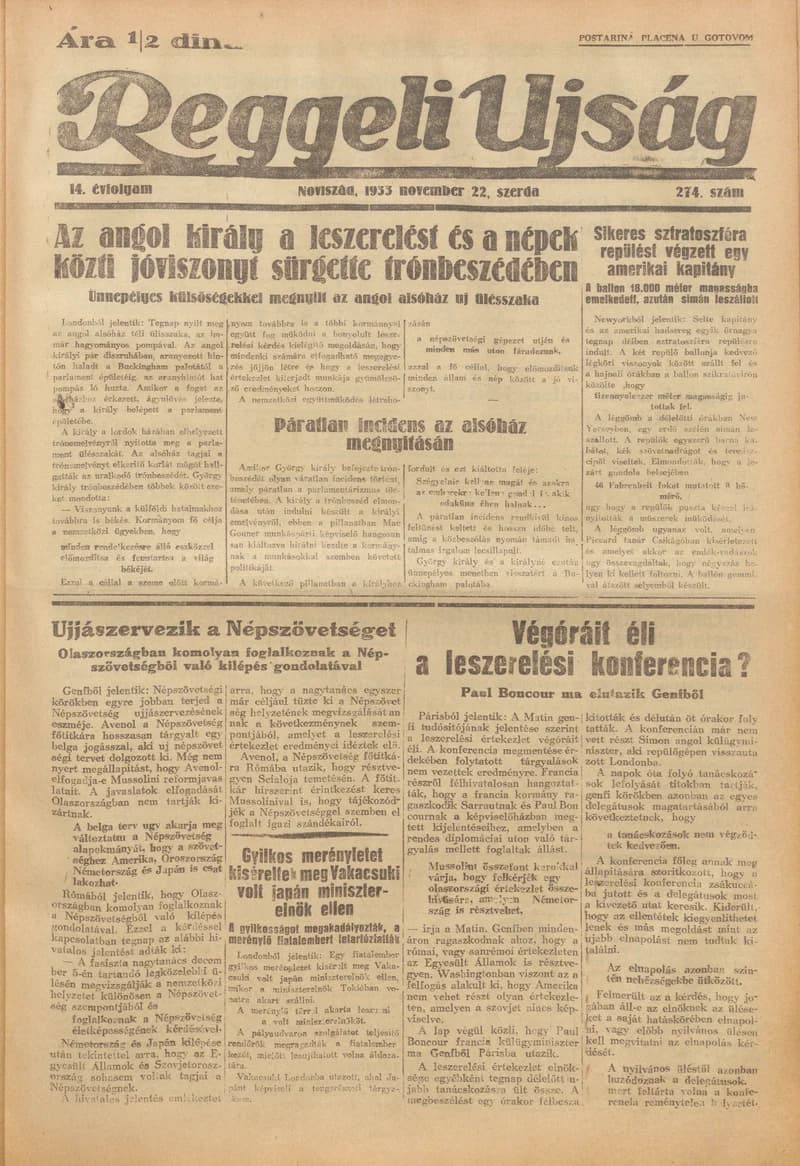 Reggeli Újság, 14. évf. 1933. november 22. 274. sz.