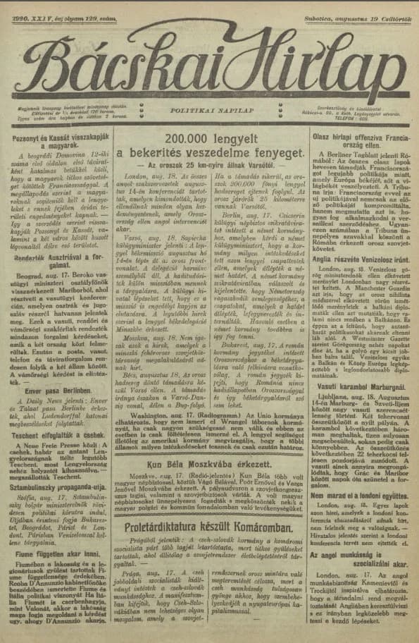 Bácskai Hirlap, 24. évf. 1920. augusztus 19. 129. sz.