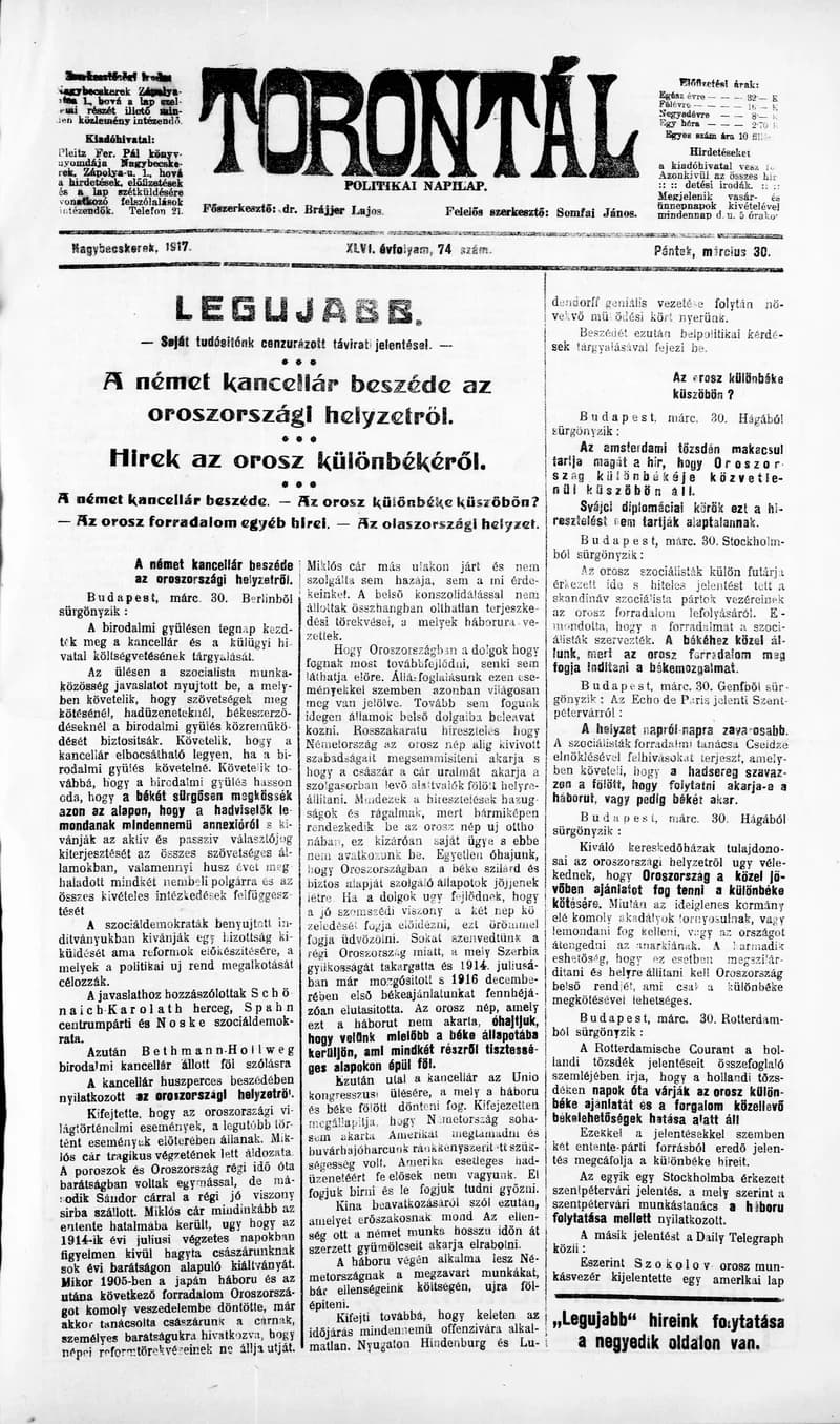 Torontál, 46. évf. 1917. március 30. 74. sz.