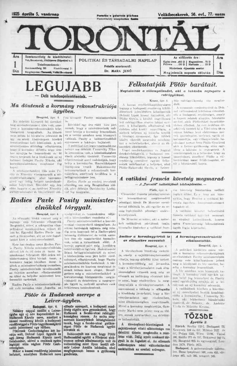 Torontál, 54. évf. 1925. április 5. 77. sz.