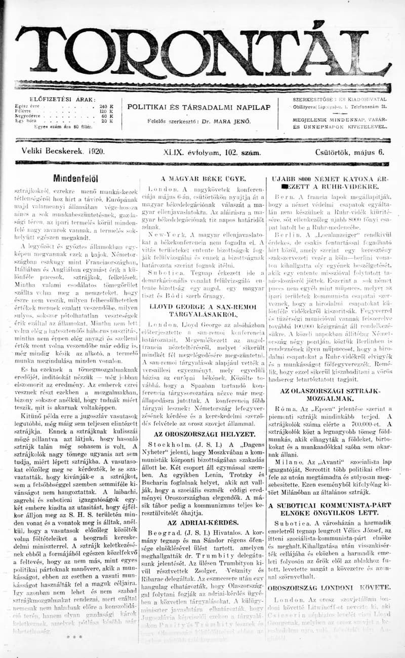 Torontál, 49. évf. 1920. május 6. 102. sz.