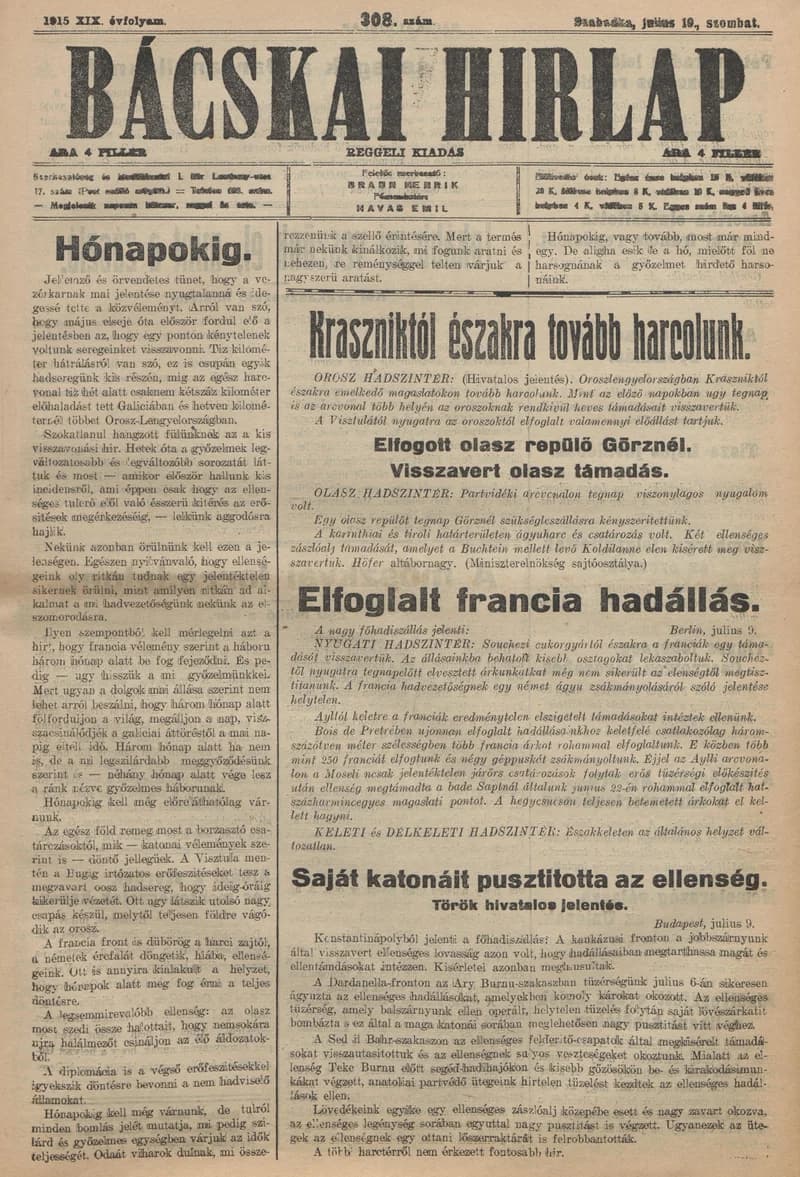 Bácskai Hirlap, 19. évf. 1915. július 10. 308. sz.