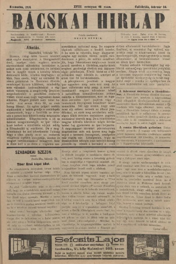 Bácskai Hirlap, 18. évf. 1914. február 26. 46. sz.