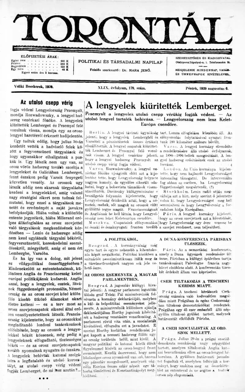 Torontál, 49. évf. 1920. augusztus 6. 170. sz.