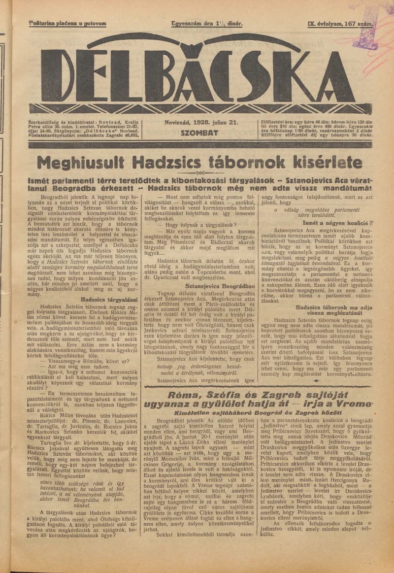 Délbácska, 9. évf. 1928. július 21. 167. sz.