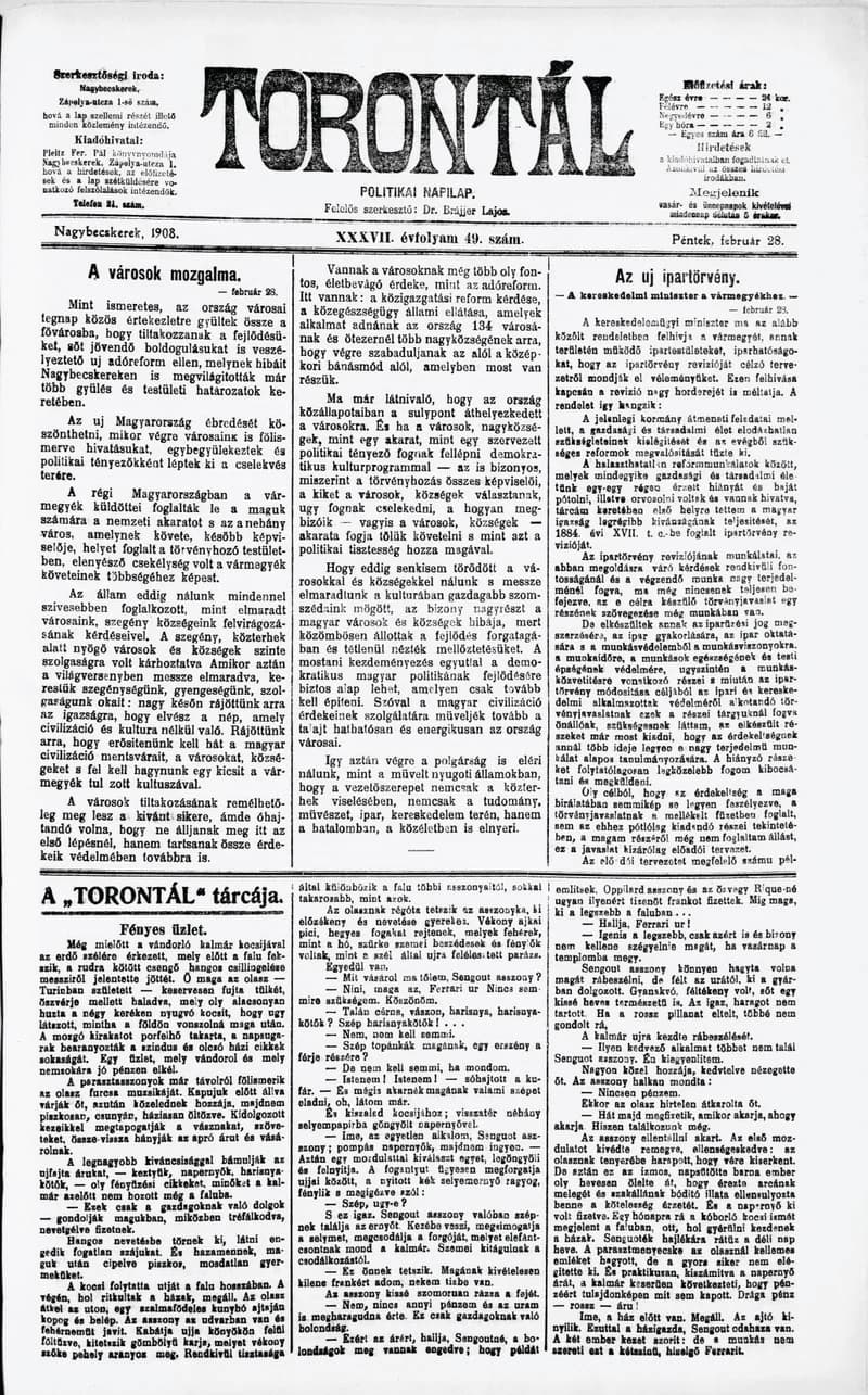 Torontál, 37. évf. 1908. február 28. 49. sz.