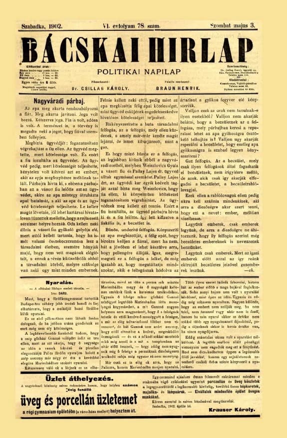 Bácskai Hirlap, 6. évf. 1902. május 3. 78. sz.