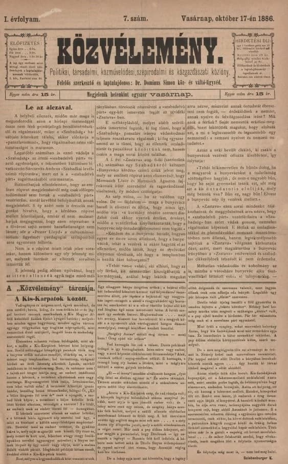 Közvélemény, 1. évf. 1886. október 17. 7. sz.
