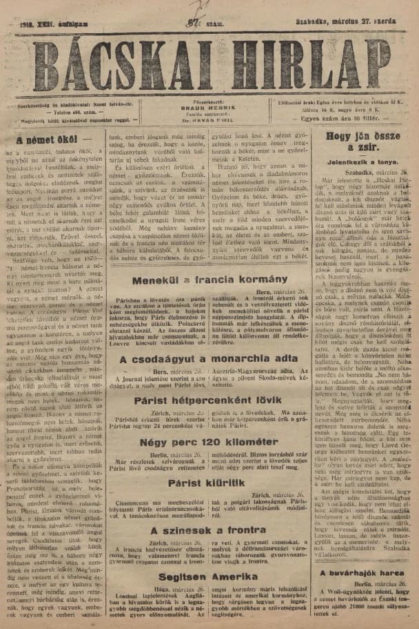 Bácskai Hirlap, 22. évf. 1918. március 27. 71. sz.