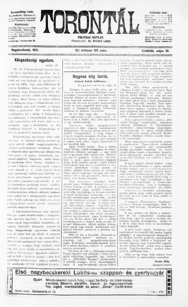 Torontál, 41. évf. 1912. május 30. 122. sz.