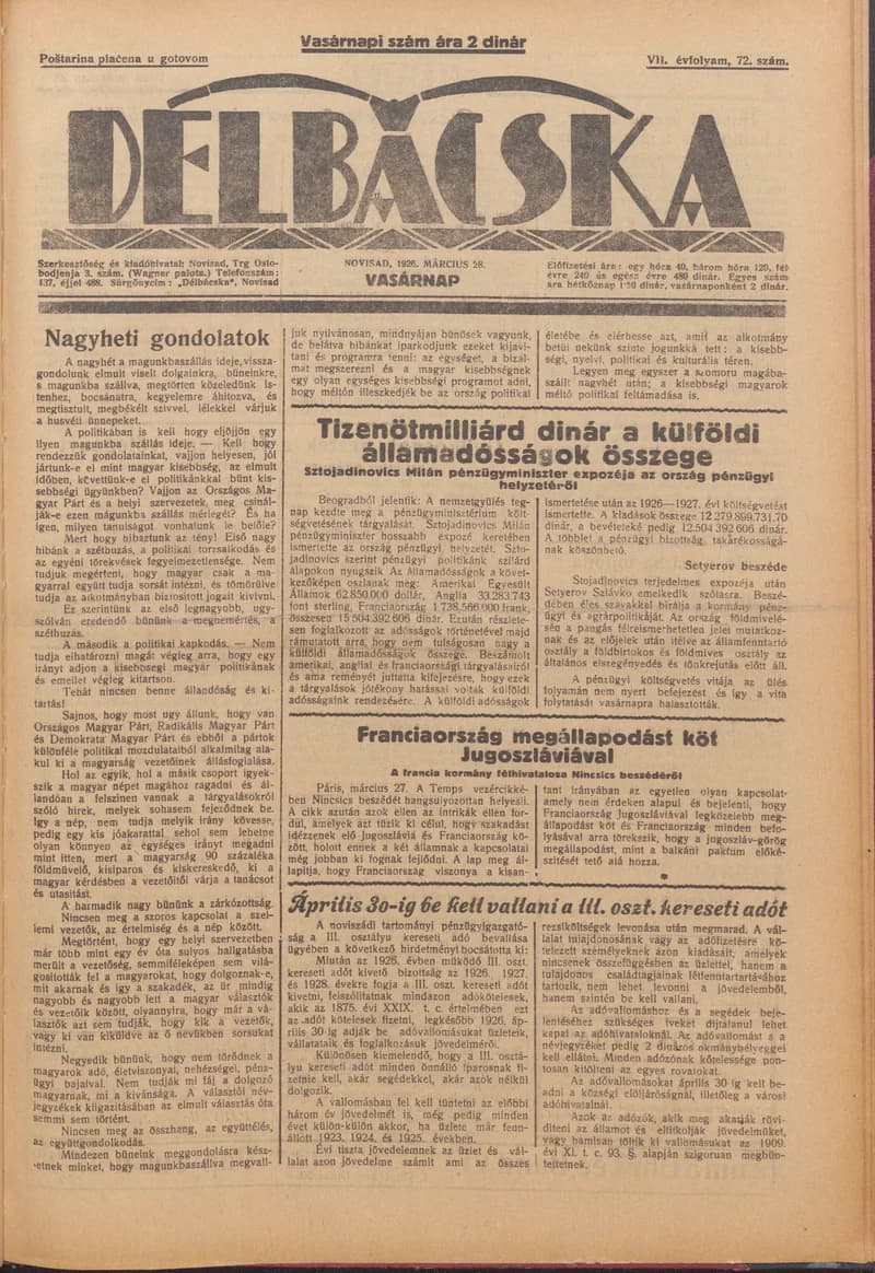 Délbácska, 7. évf. 1926. március 28. 72. sz.