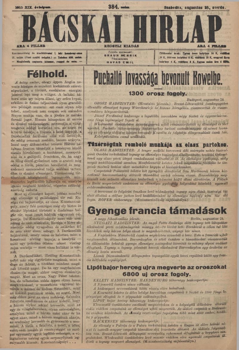 Bácskai Hirlap, 19. évf. 1915. augusztus 25. 384. sz.