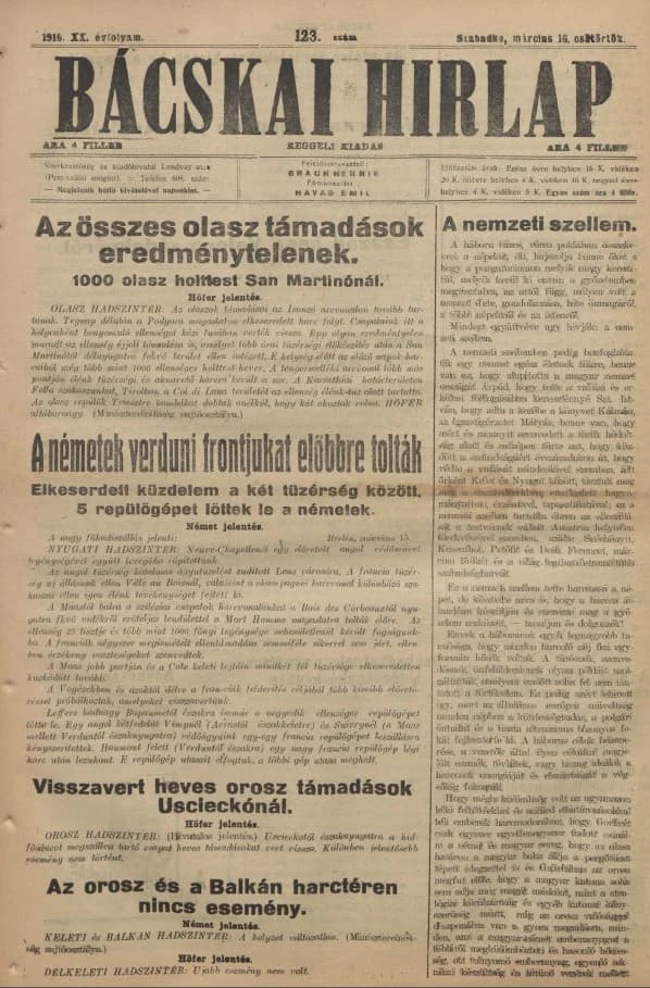 Bácskai Hirlap, 20. évf. 1916. március 16. 123. sz.