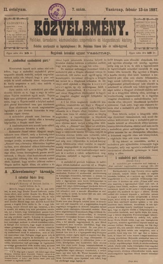 Közvélemény, 2. évf. 1887. február 13. 7. sz.