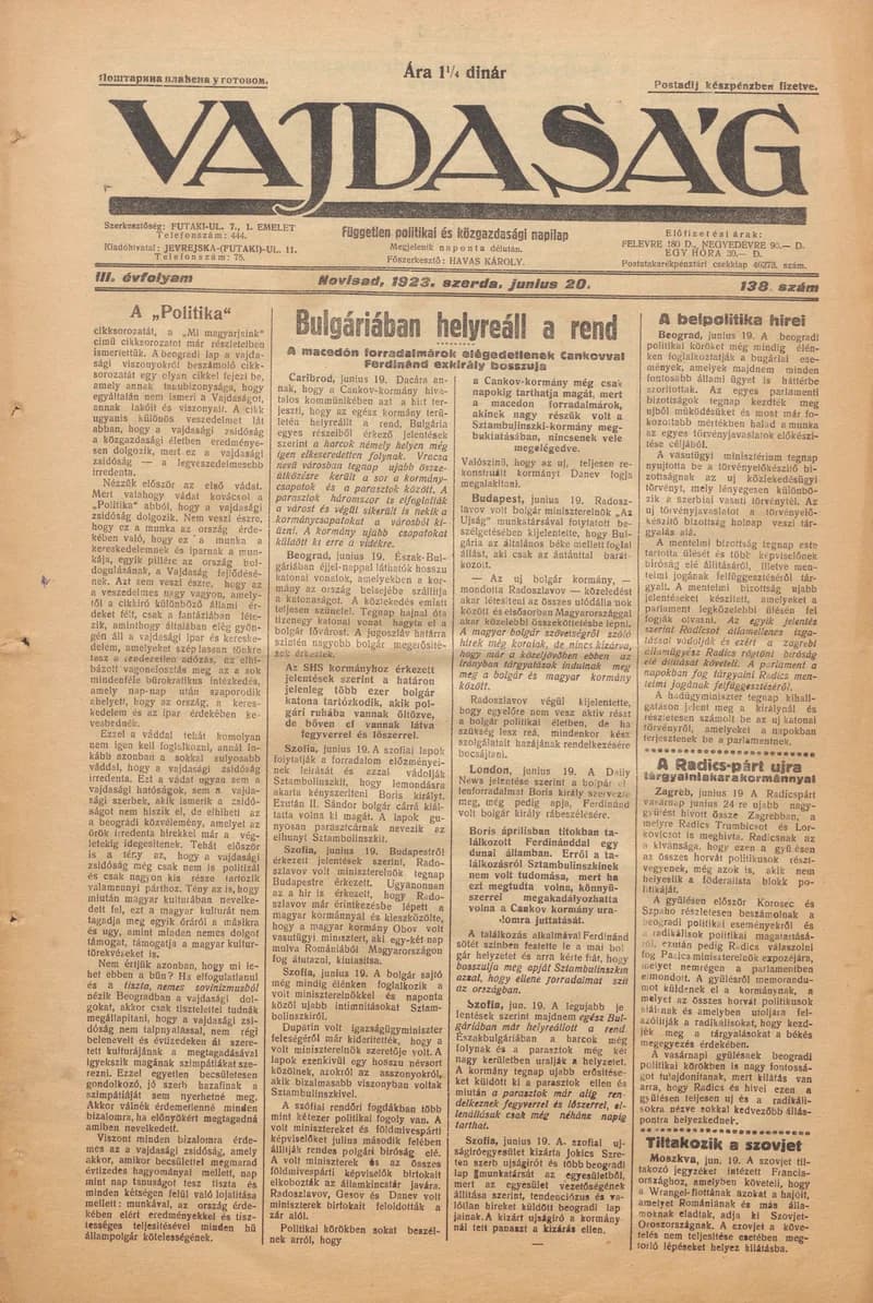 Vajdaság, 3. évf. 1923. június 20. 138. sz.