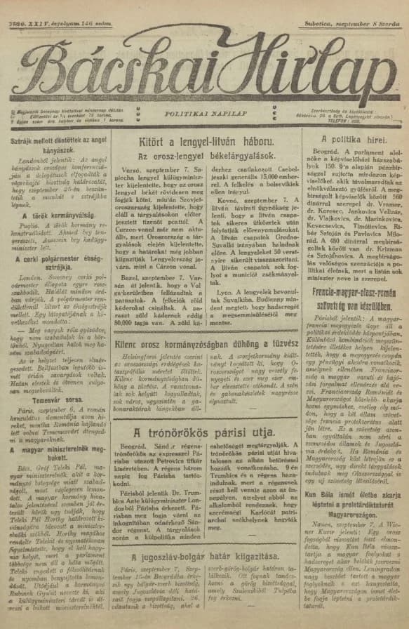 Bácskai Hirlap, 24. évf. 1920. szeptember 8. 146. sz.
