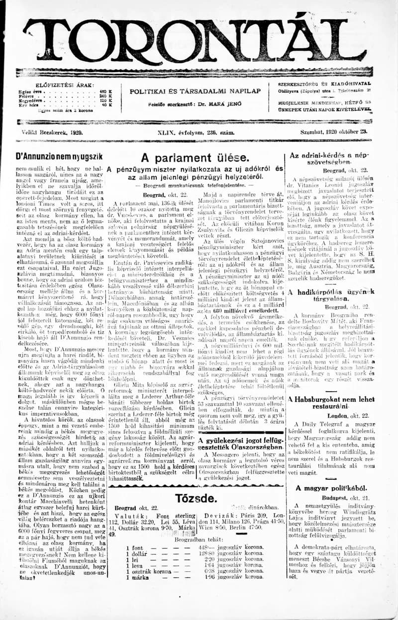 Torontál, 49. évf. 1920. október 23. 236. sz.