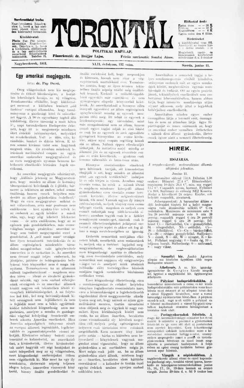 Torontál, 42. évf. 1913. június 11. 132. sz.