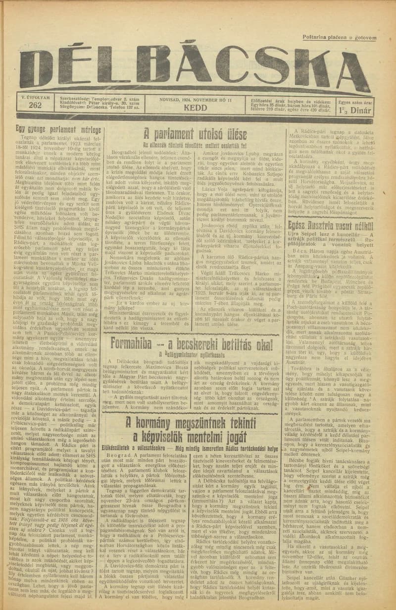 Délbácska, 5. évf. 1924. november 11. 262. sz.