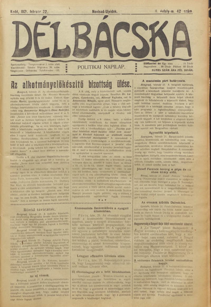 Délbácska, 2. évf. 1921. február 22. 42. sz.