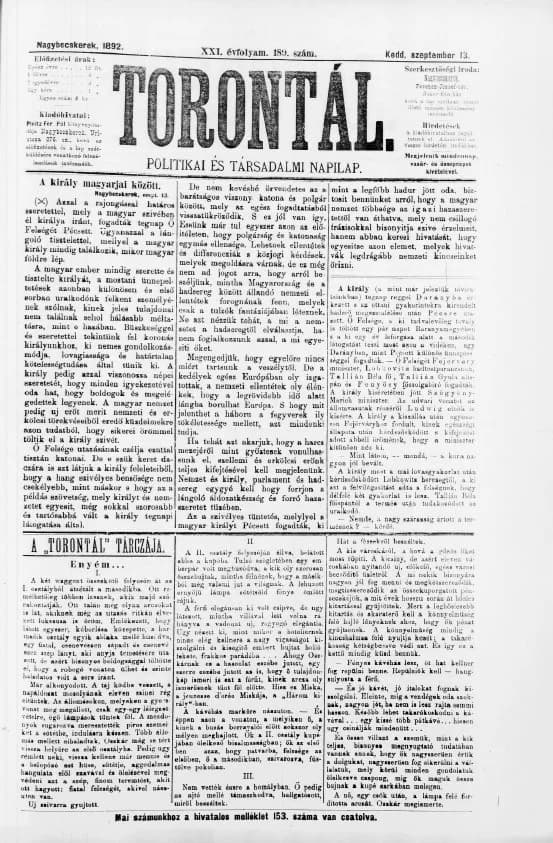Torontál, 21. évf. 1892. szeptember 13. 189. sz.
