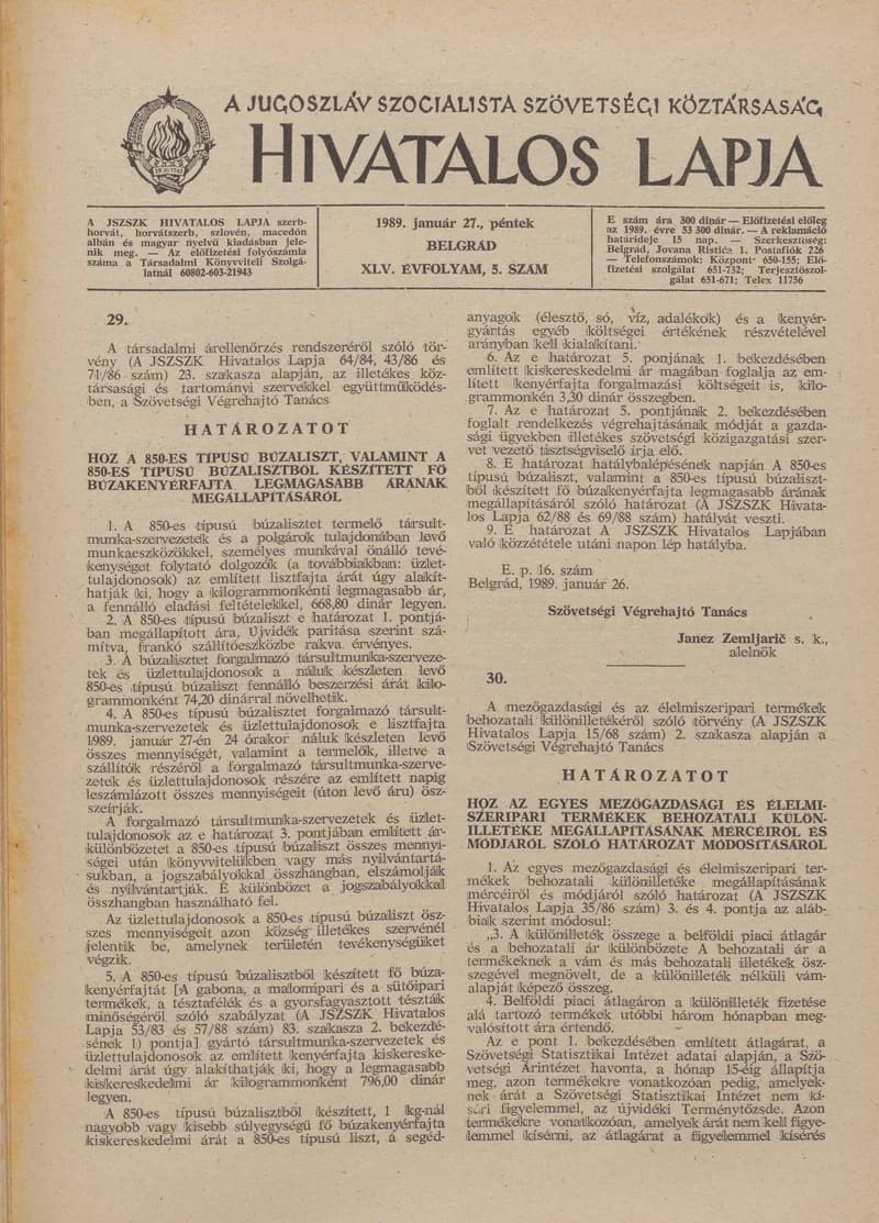 A Jugoszláv Szocialista Szövetségi Köztársaság Hivatalos Lapja, 45. évf. 1989. január 27. 5. sz. 181–184. oldal