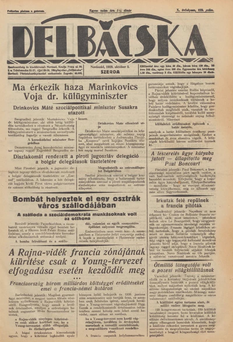Délbácska, 10. évf. 1929. október 2. 229. sz.