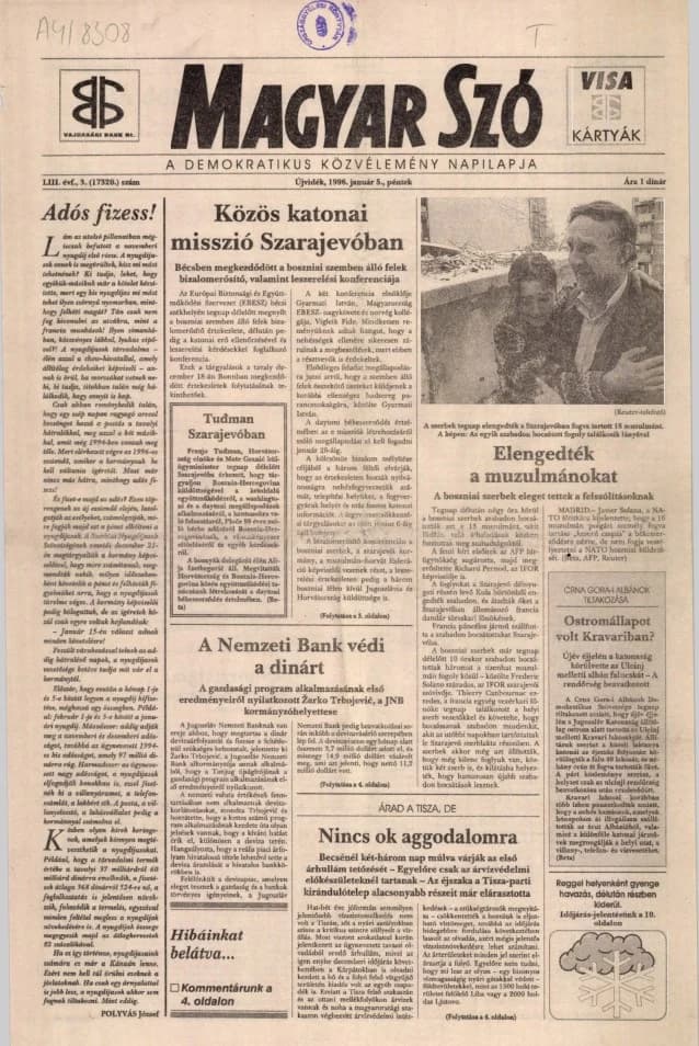 Magyar Szó, 53. évf. 1996. január 5. 3. sz. 1–16. oldal