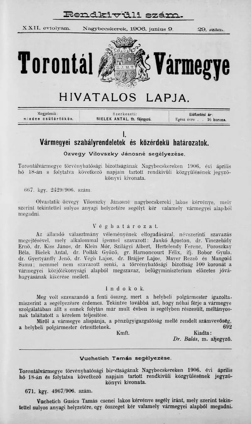 Torontál Vármegye Hivatalos Lapja, 22. évf. 1906. június 9. 29. sz.