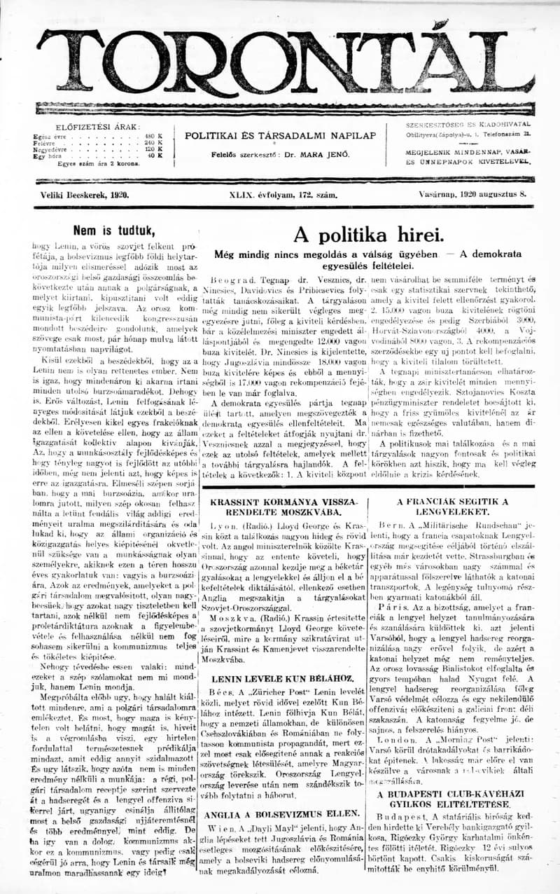 Torontál, 49. évf. 1920. augusztus 8. 172. sz.