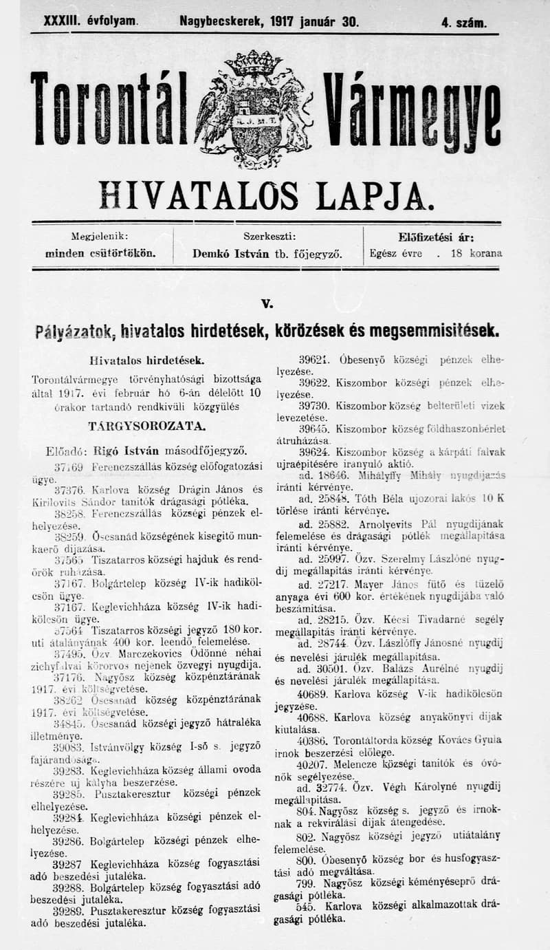 Torontál Vármegye Hivatalos Lapja, 33. évf. 1917. január 30. 4. sz.