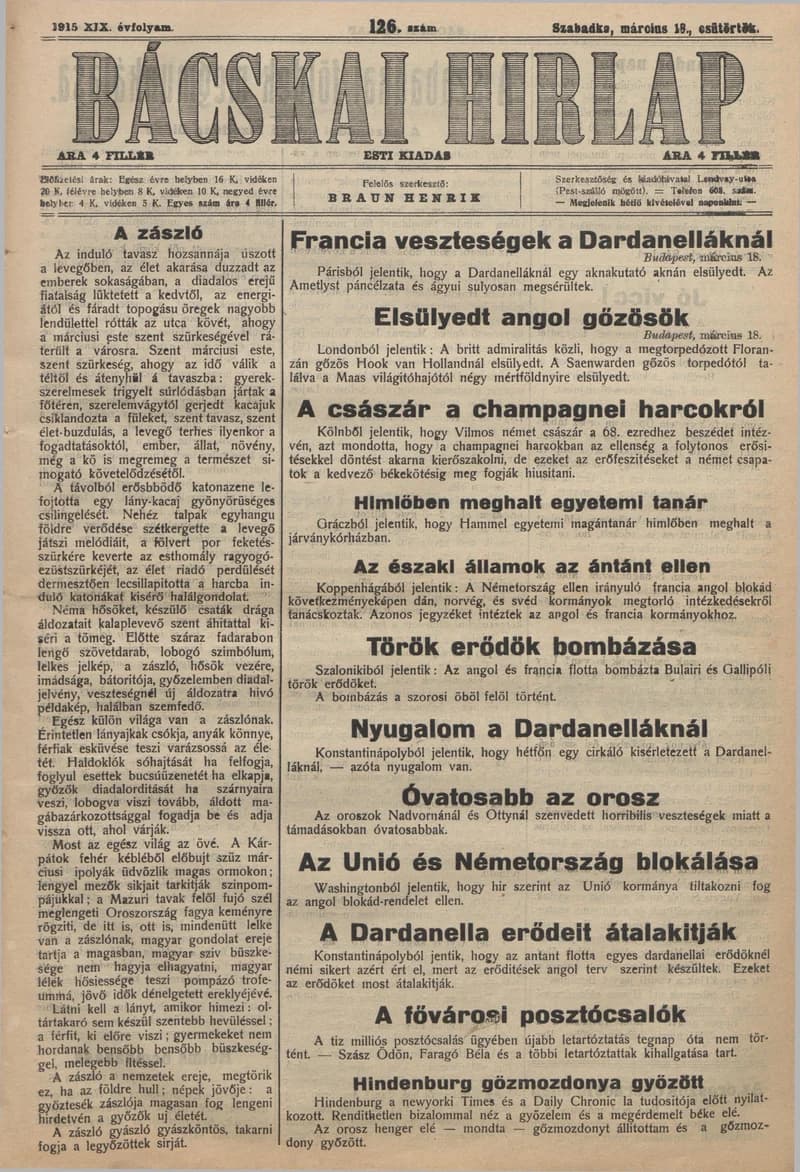 Bácskai Hirlap, 19. évf. 1915. március 18. 126. sz.