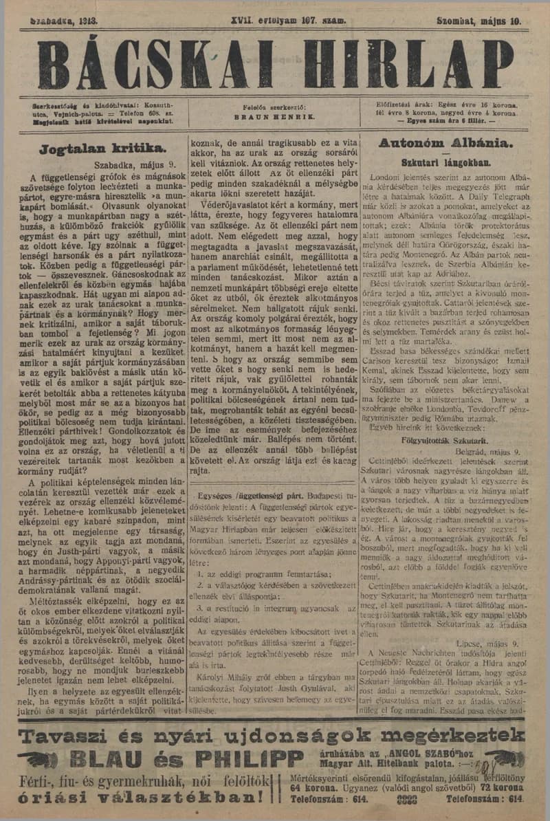 Bácskai Hirlap, 17. évf. 1913. május 10. 107. sz.