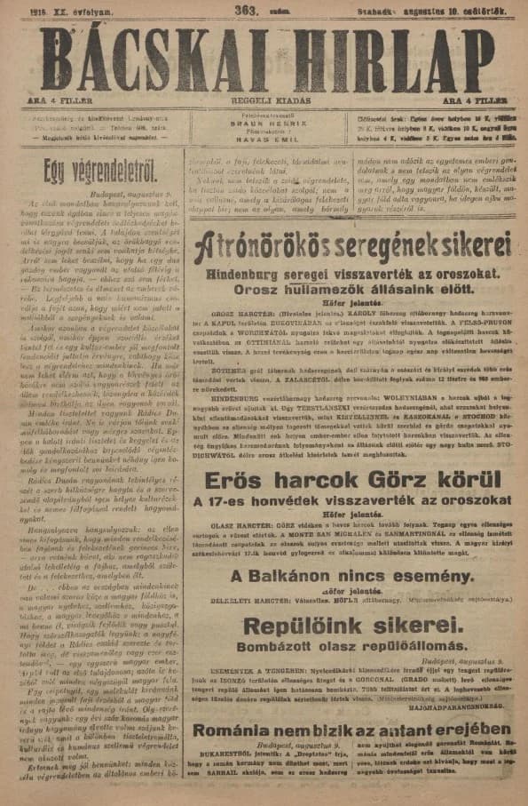 Bácskai Hirlap, 20. évf. 1916. augusztus 10. 363. sz.