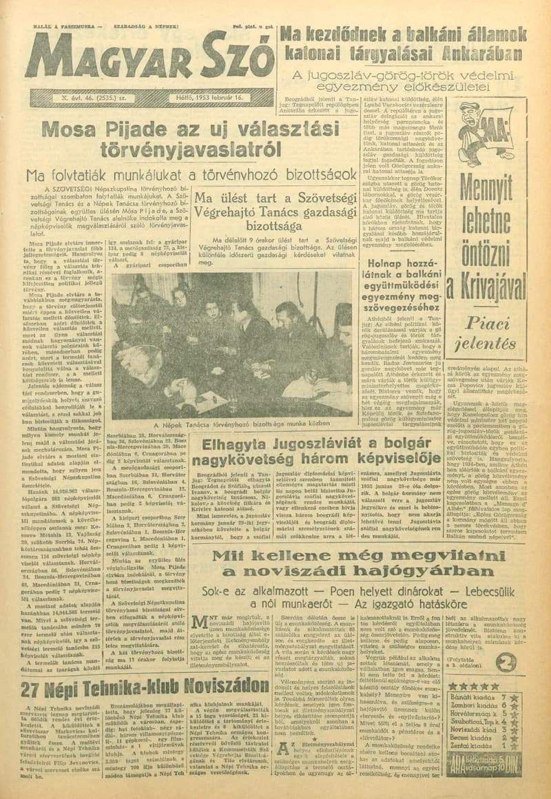 Magyar Szó, 10. évf. 1953. február 16. 46. sz. 1–10. oldal