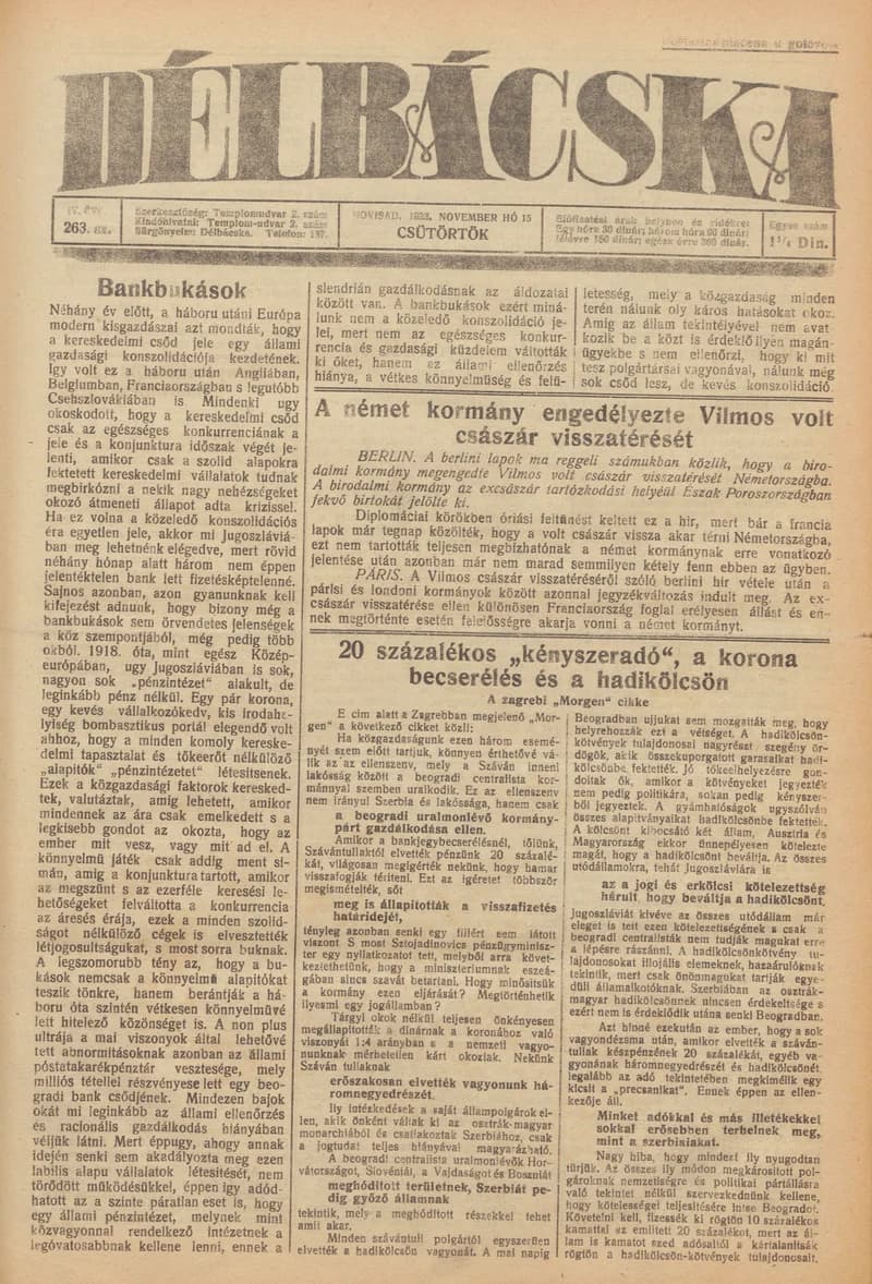 Délbácska, 4. évf. 1923. november 15. 263. sz.