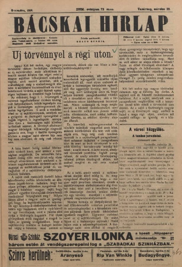 Bácskai Hirlap, 18. évf. 1914. március 29. 72. sz.